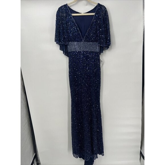 Mac Duggal Size 4 Navy Blue SEQUINED V-NECK CAPE SLEEVE BEADED WAIST GOWN 4808 - Picture 4 of 11